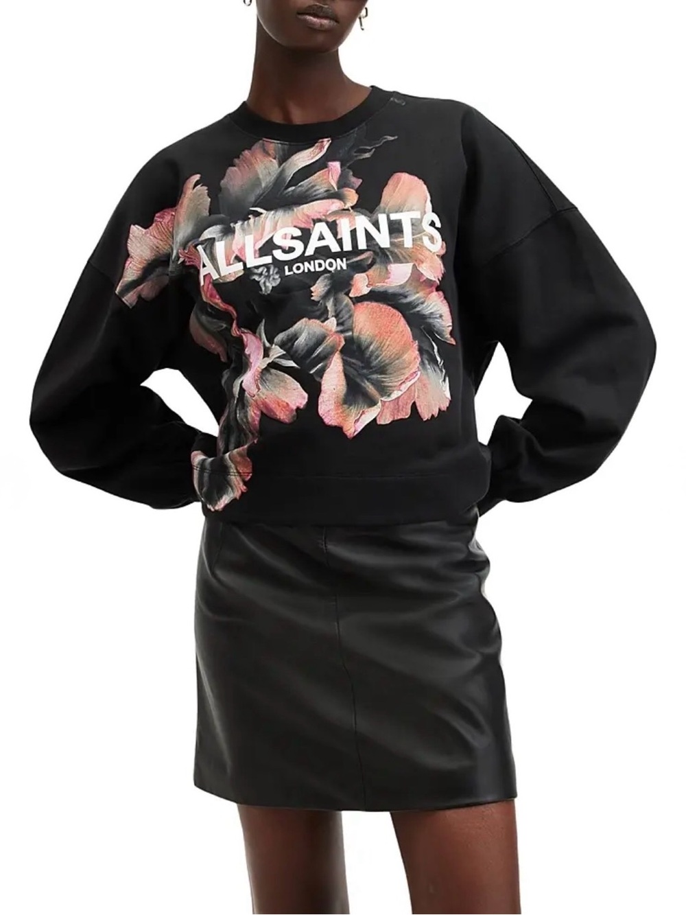 AllSaints Black Fleurir Lila Crewneck Sweatshirt, Size L